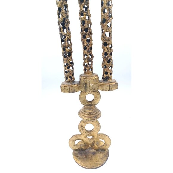Vintage Gothic Brutalist Steampunk 3 Candle Metal Candelabra Pierced Design 16" - Picture 11 of 12